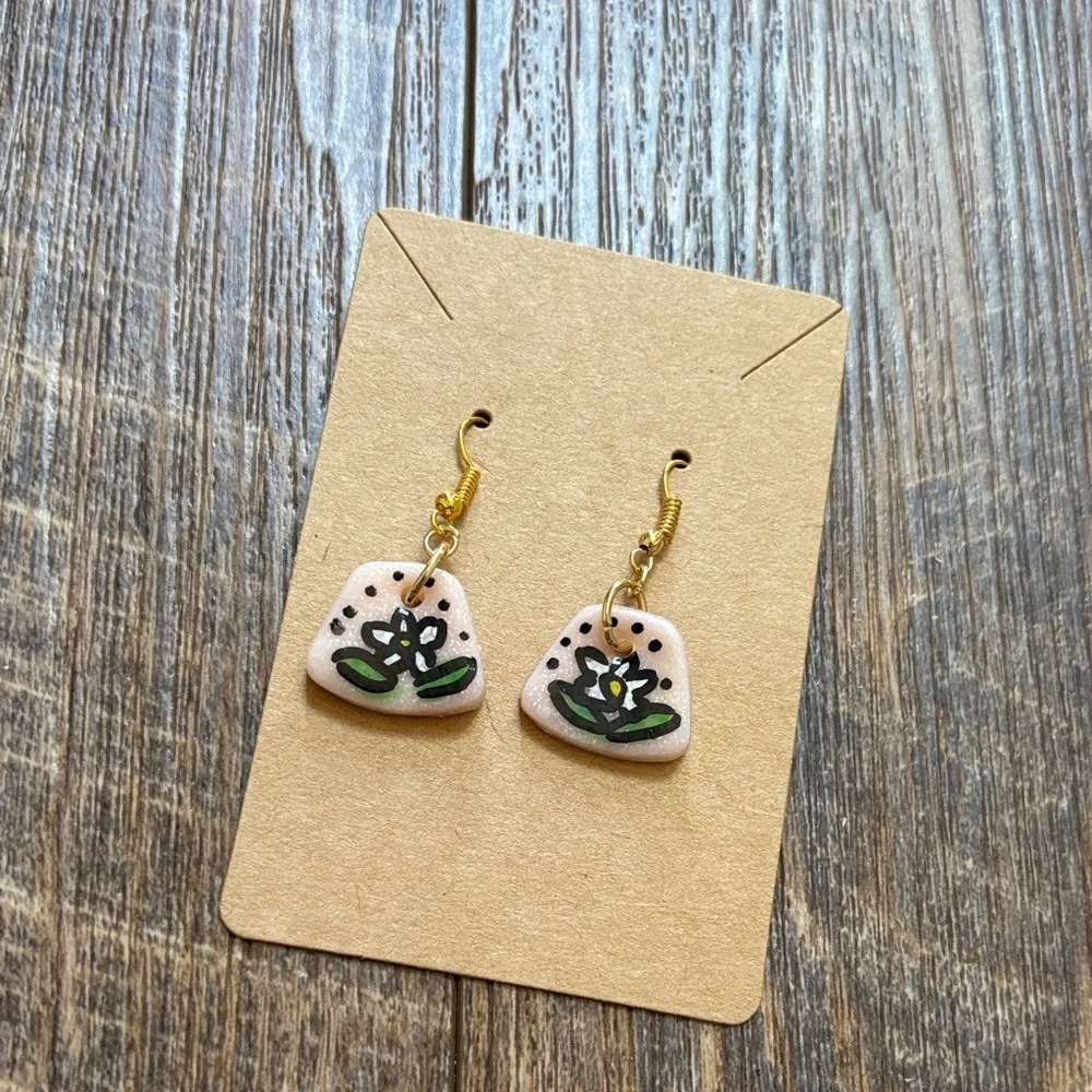 Handmade Polymer Clay Floral Dangle Earrings - Blush Pink & Green - Picture 1 of 5
